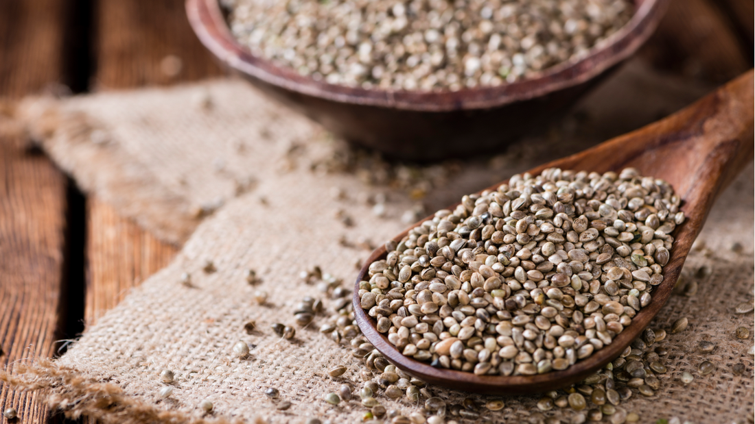 hemp seeds are kept on spoon and bowl