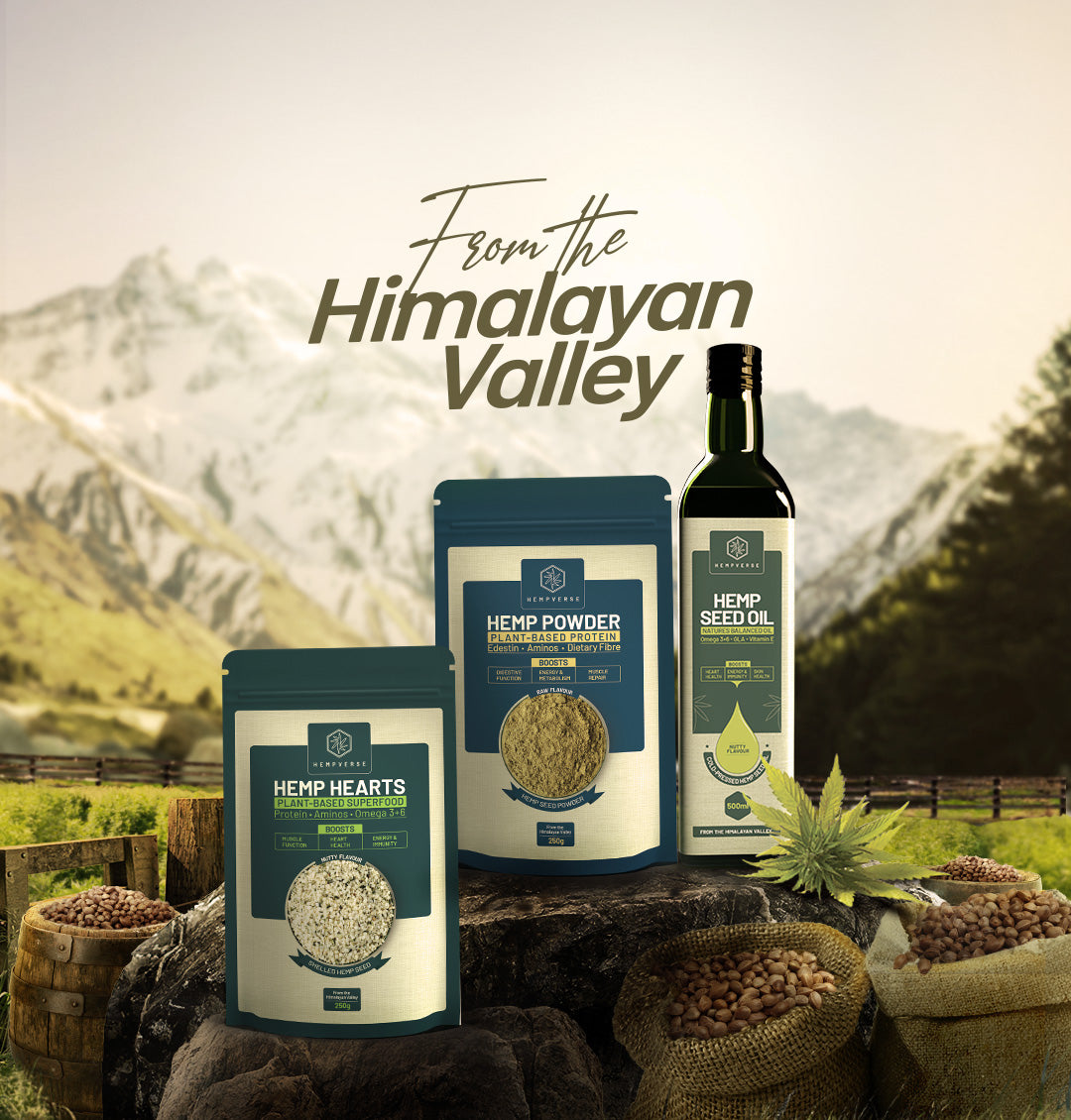 Hemp hearts, hemp powder, and hemp oil are kept in the Himalayan valley's background.