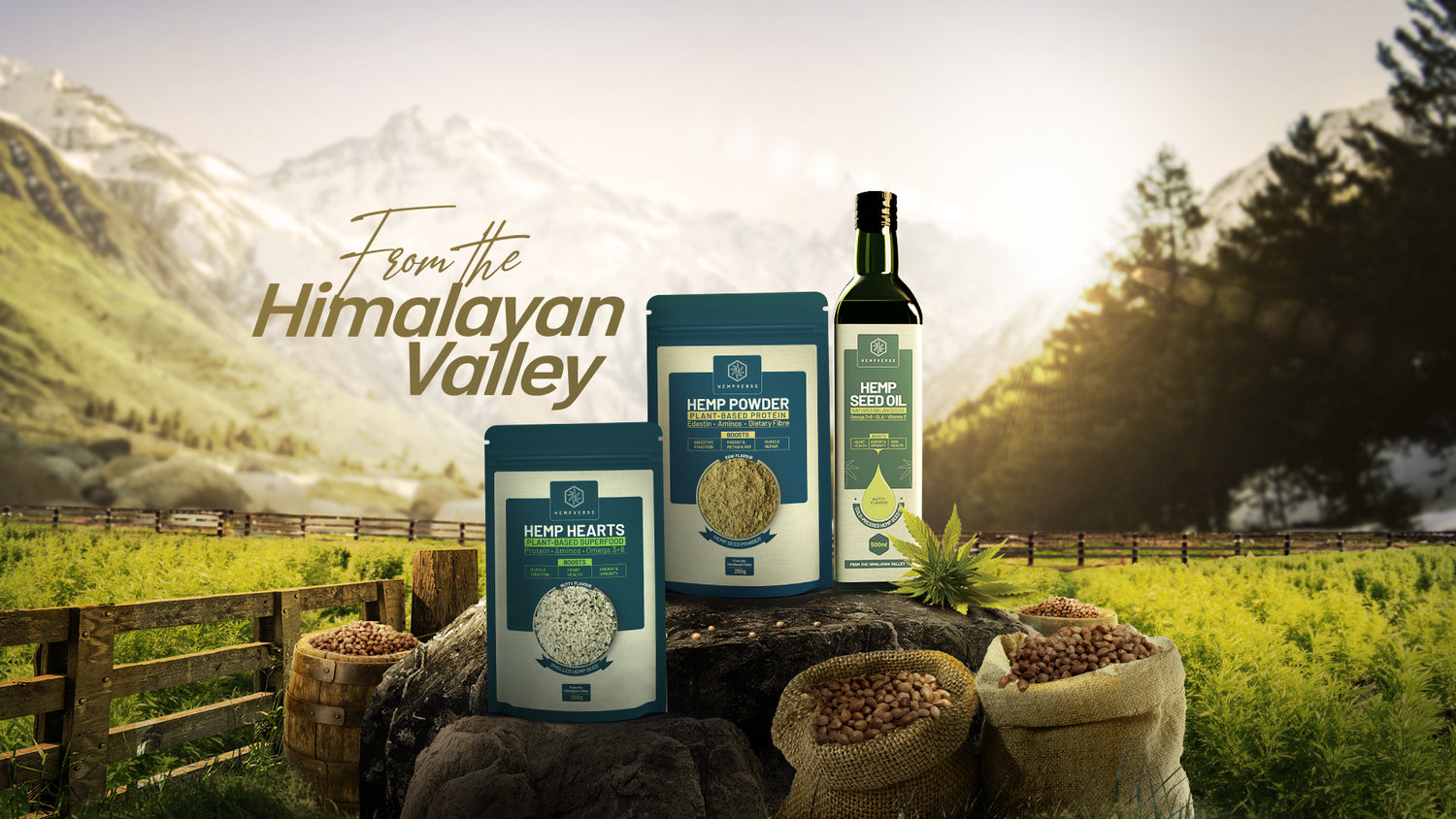 Hemp hearts, hemp powder, and hemp oil are kept in the Himalayan valley's background.