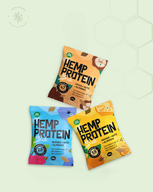 Hemp Protein Bites three flavors; Cocoa, Orange and Berry in the frame