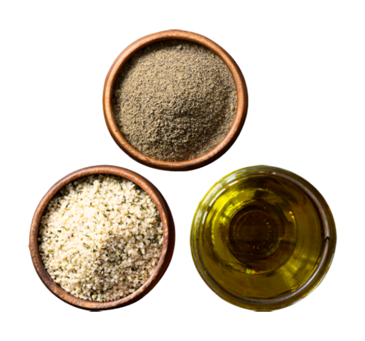 The seeds are scattered around and hemp hearts, hemp powder, and hemp oil are kept in bowls.